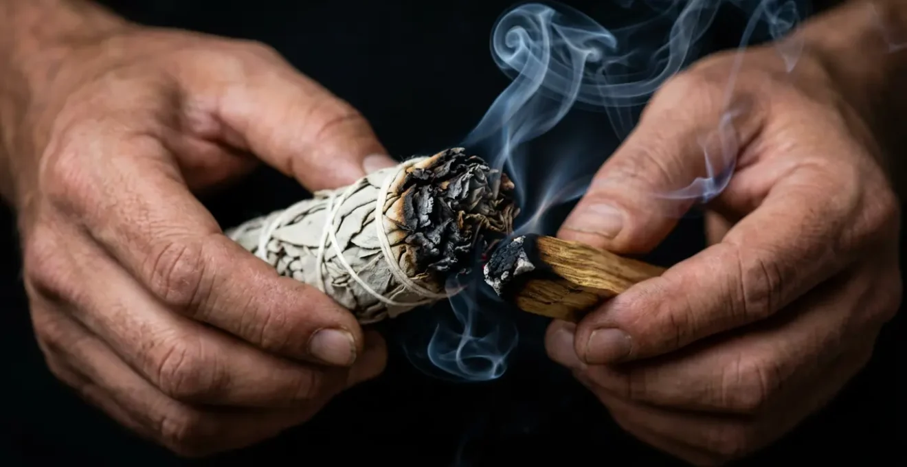 Mani che tengono bastoncini fumanti di salvia e palo santo con fumo che sale