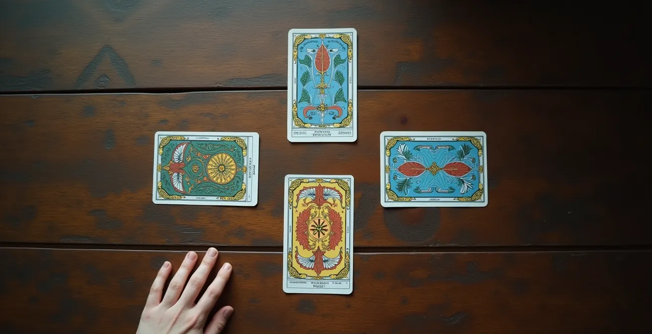 Vista dall'alto di carte disposte in uno schema personalizzato su tavolo di legno