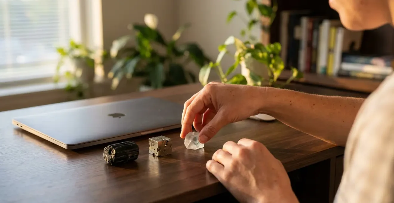 Angolo sacro sulla scrivania con cristalli per focus e protezione energetica