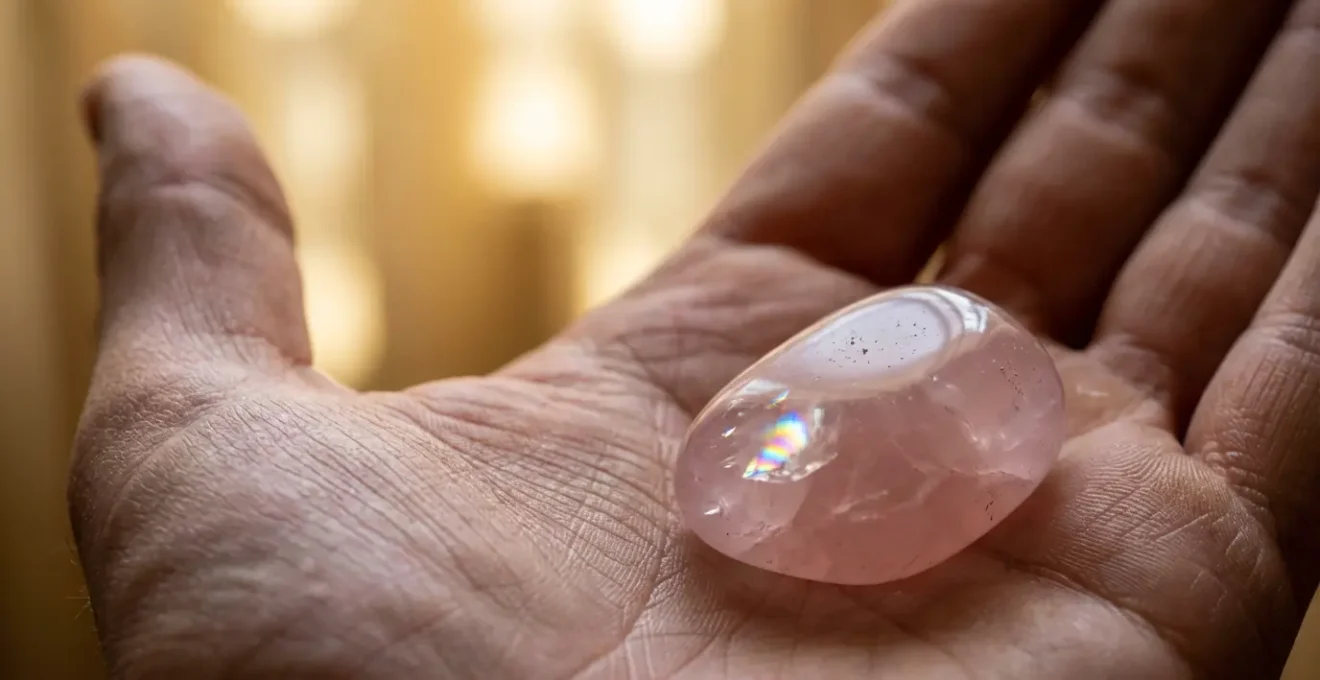 Primo piano macro di una mano che tiene un cristallo di quarzo con effetti di luce