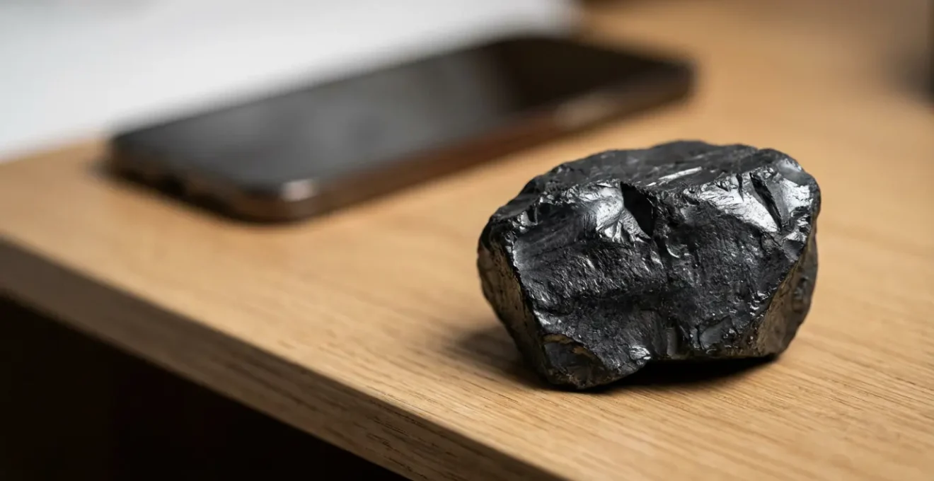 Pietra di Shungite nera posizionata su comodino vicino a smartphone per protezione EMF
