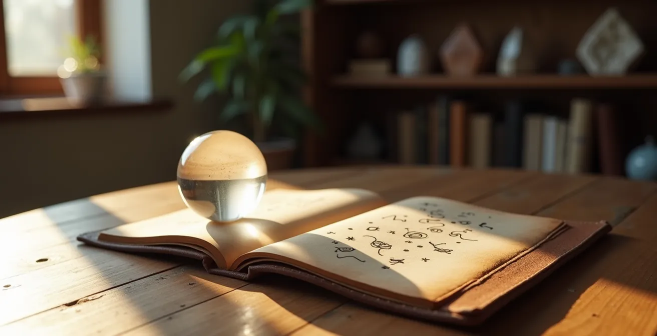 Ambiente minimalista con sfera di cristallo su tavolo antico e diario aperto