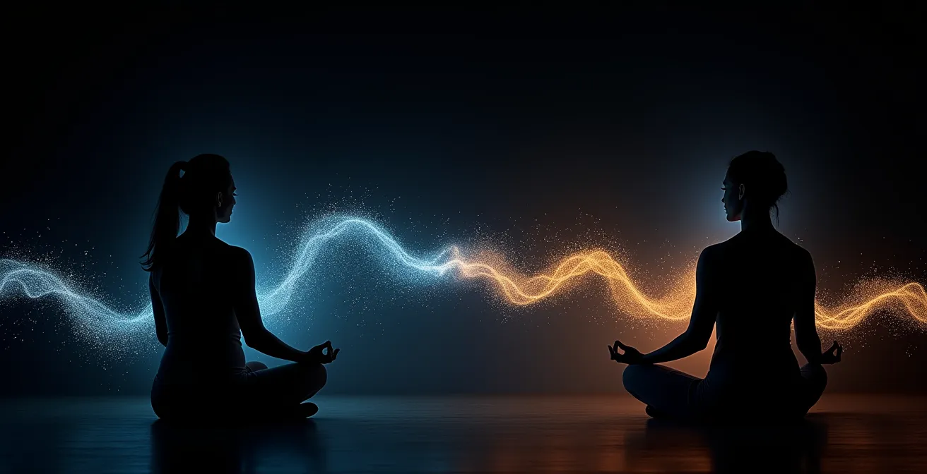 Due sagome umane sedute in meditazione con onde energetiche luminose che le collegano