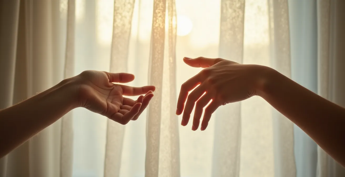 Mani che si sfiorano attraverso un velo trasparente con riflessi di luce