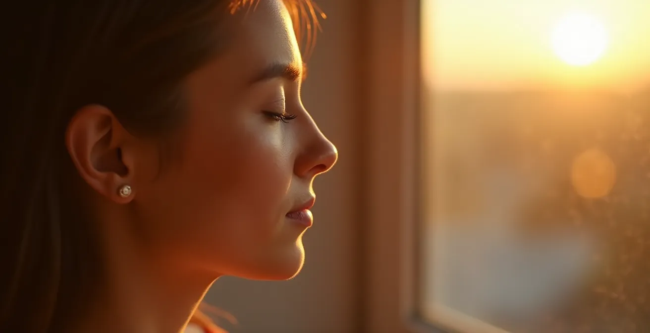 Primo piano di persona in stato meditativo con rappresentazione artistica delle onde cerebrali