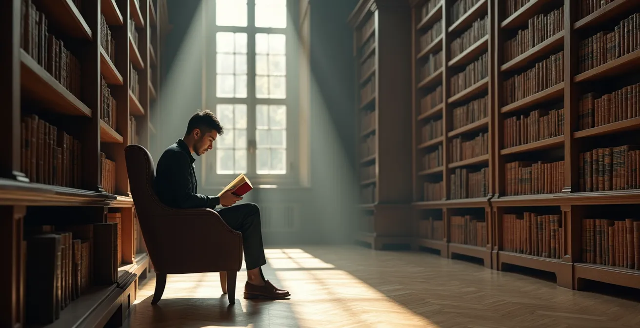 Studio di testi esoterici in biblioteca con libri antichi e moderni