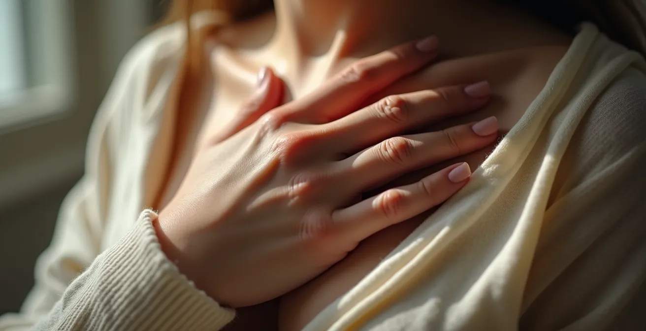 Mano sul petto per ancoraggio somatico del ricordo onirico al risveglio