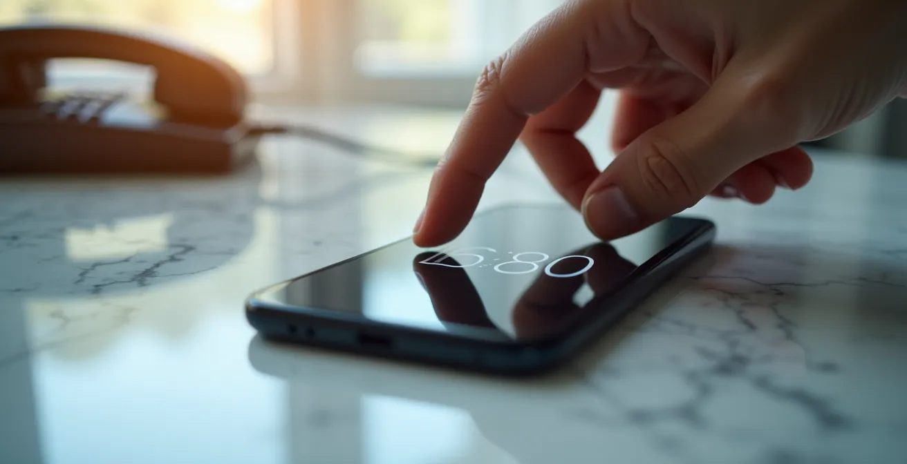 Mano che imposta un timer su uno smartphone durante una chiamata telefonica per un consulto di cartomanzia