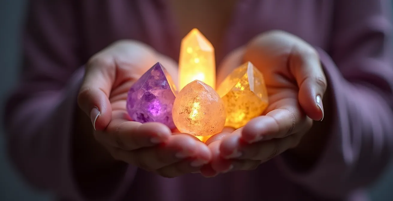 Mani che tengono cristalli luminosi rappresentanti la trasformazione energetica