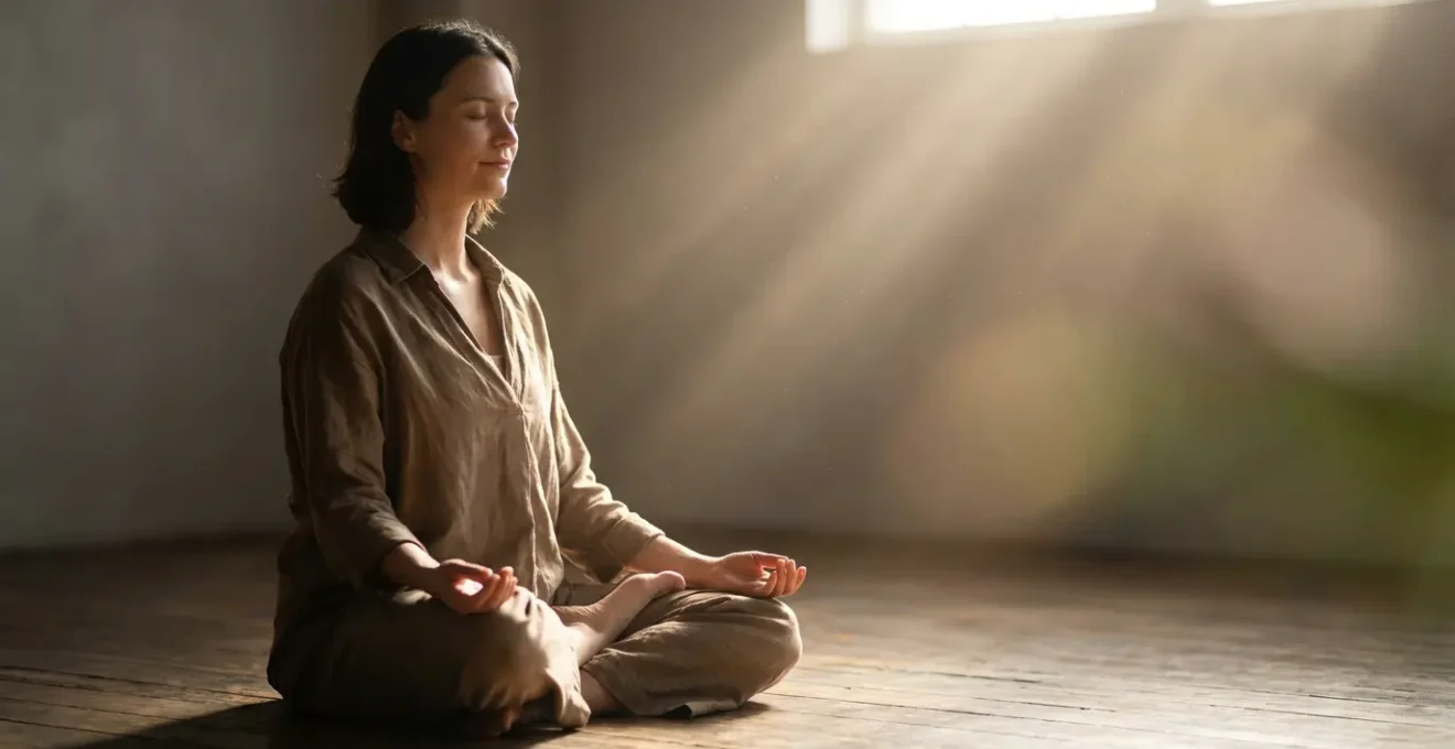 Persona in meditazione con aura luminosa in ambiente sereno